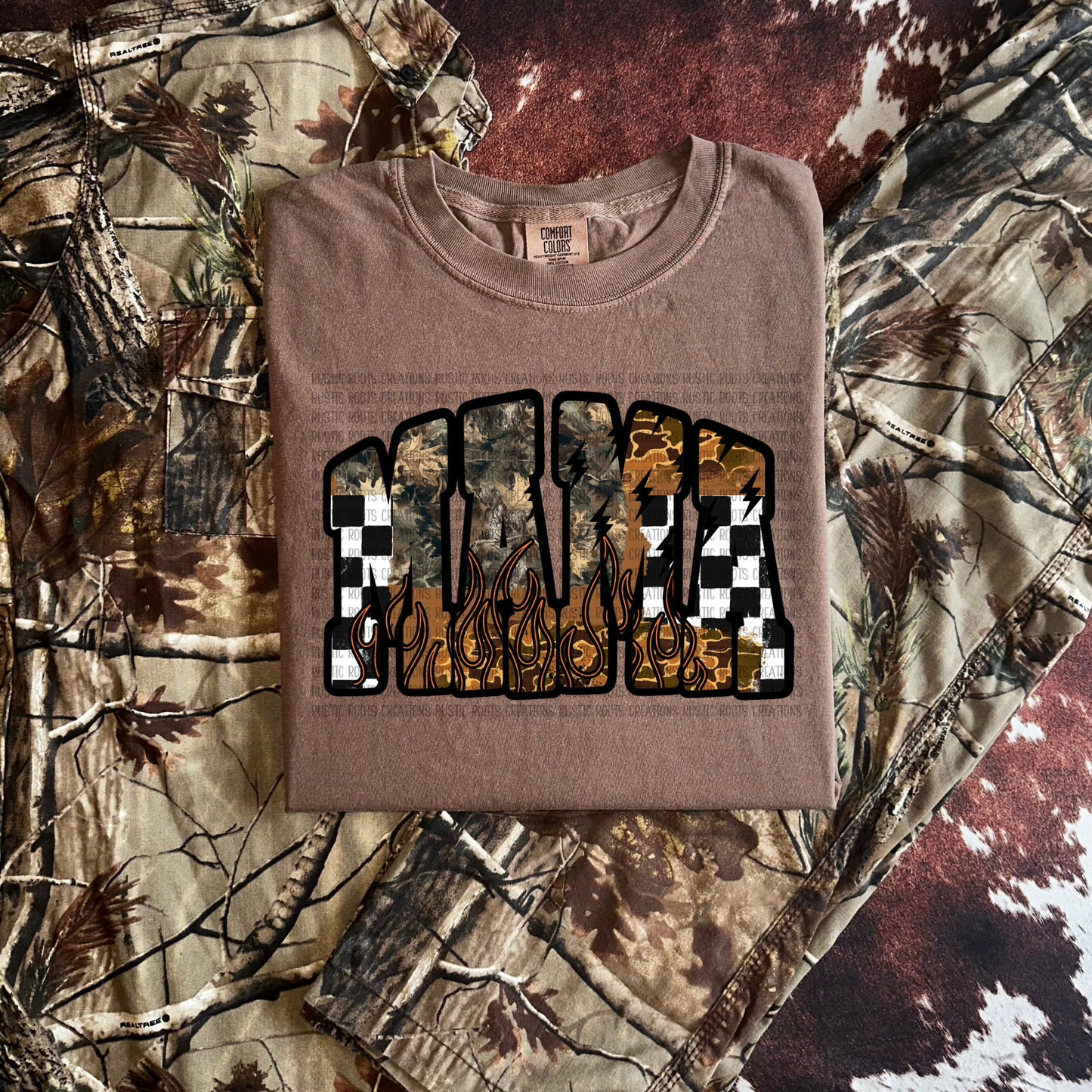 Checkered Camo Flame MAMA Tee *COMFORT COLORS*