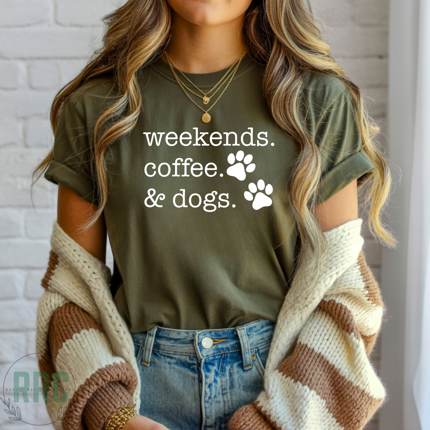 Weekends, Coffee & Dogs WHITE FONT Tee *GILDEN*