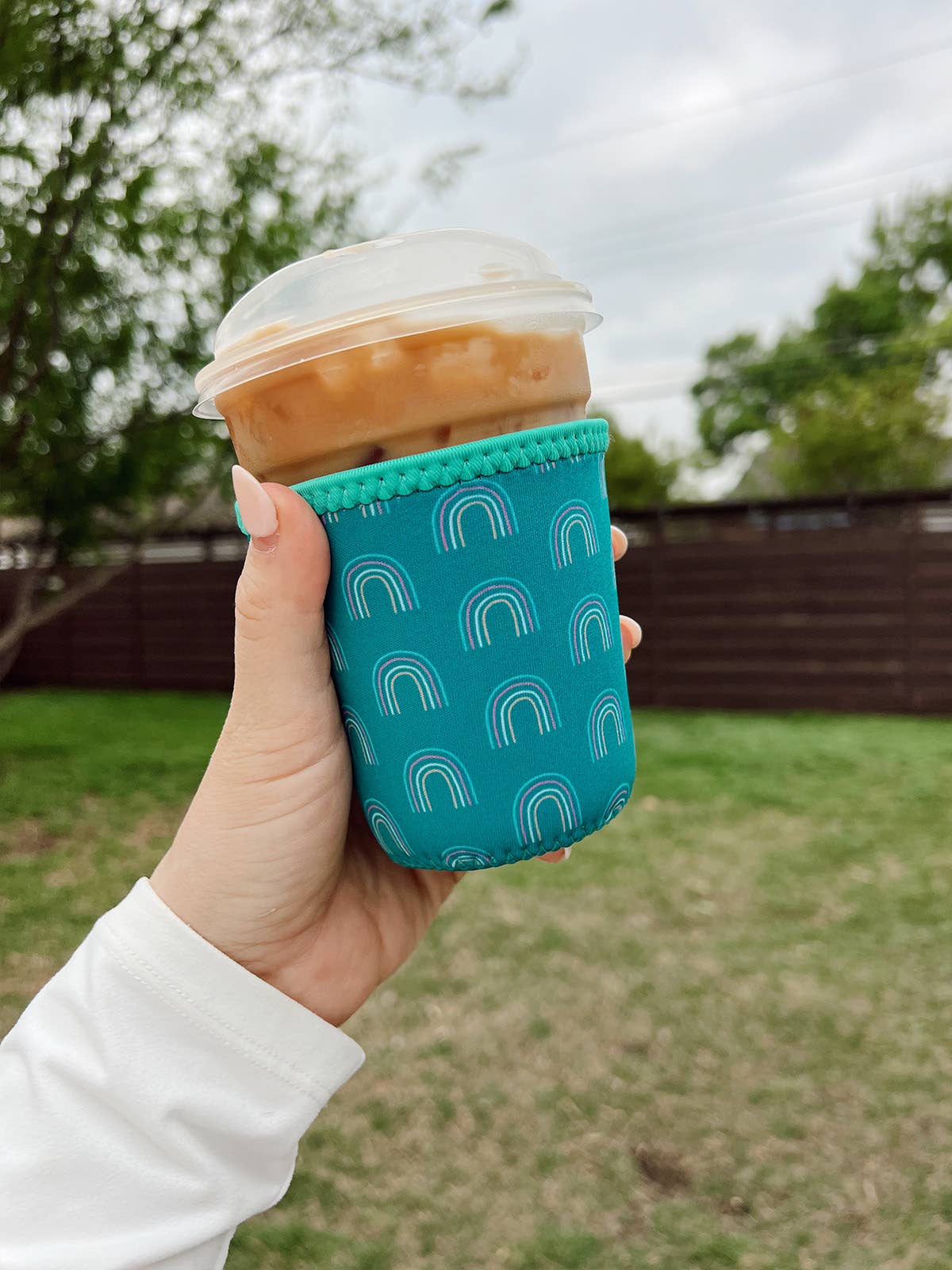 Teal/Multi-Colored Rainbow Iced Coffee Sleeve/Koozie - 16oz