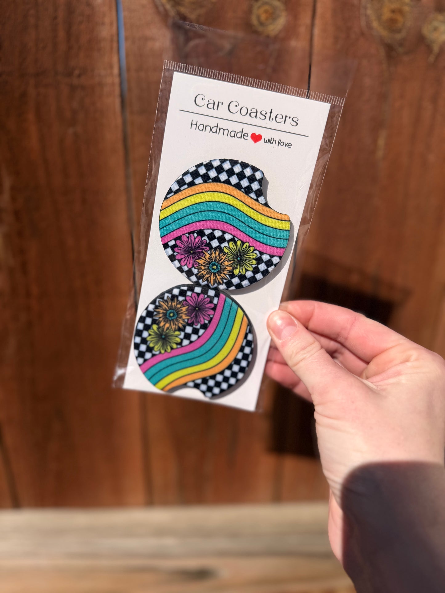 Checkered Flowers Car Coasters