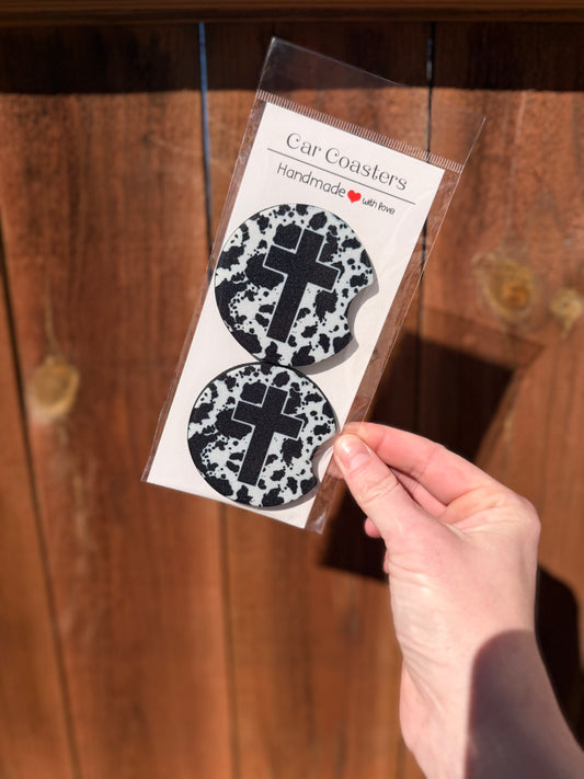 Cross Cow Print Car Coasters