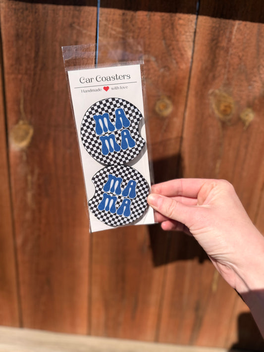 Checkered Blue Mama Car Coasters