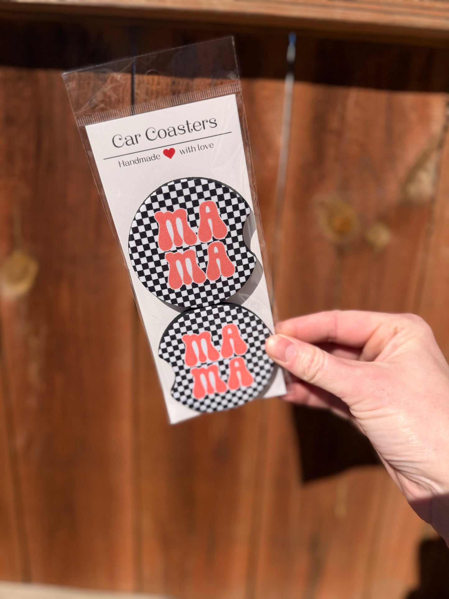 Checkered Pink Mama Car Coasters