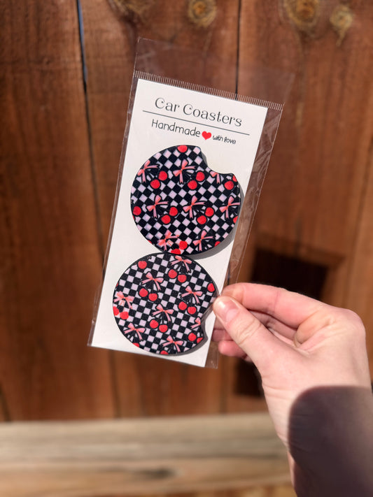 Checkered Cherry Bows Car Coasters