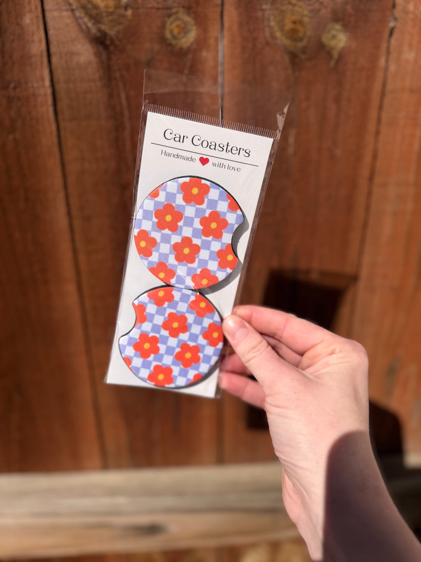 Purple Checkered Flowers Car Coasters