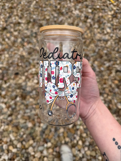 Pediatric Nurse Bow 16oz Glass Libby Cup