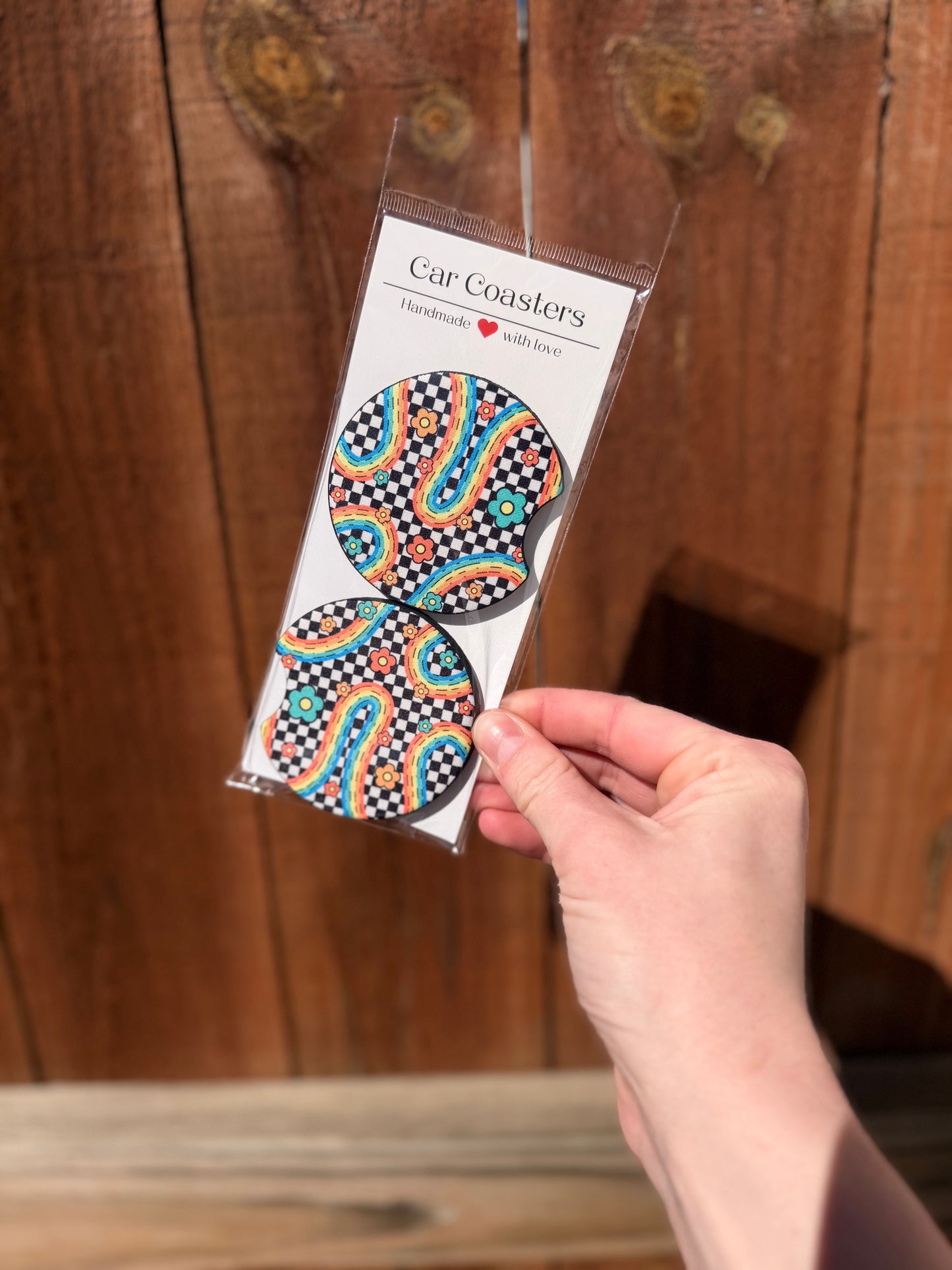 Checkered Rainbow Lines Car Coasters