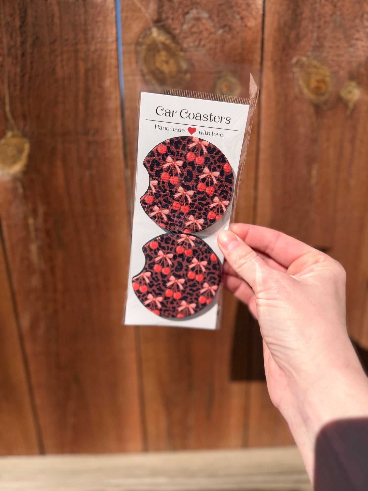 Leopard Cherry Bows Car Coasters