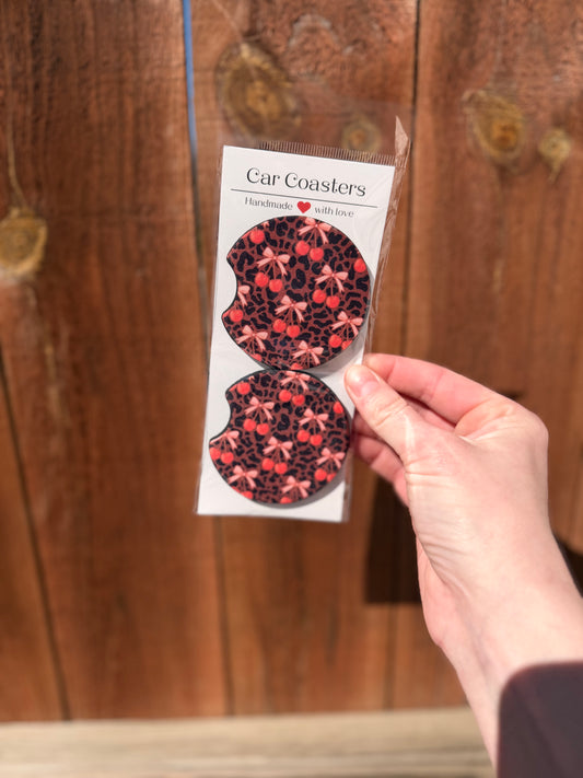 Leopard Cherry Bows Car Coasters