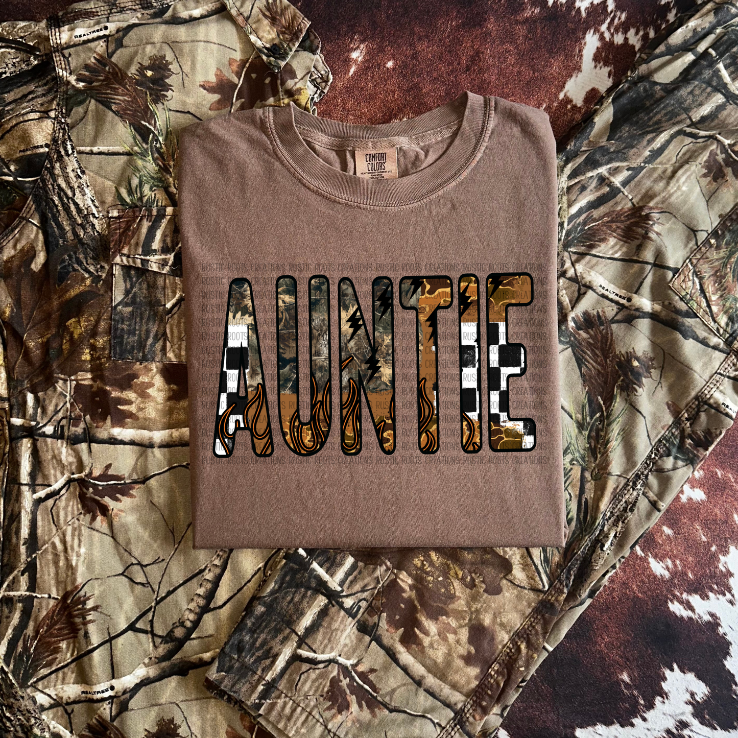 Checkered Camo Flame AUNTIE Tee *COMFORT COLORS*