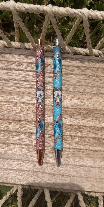 Aztec Bull Skull Wrapped Glitter Pen