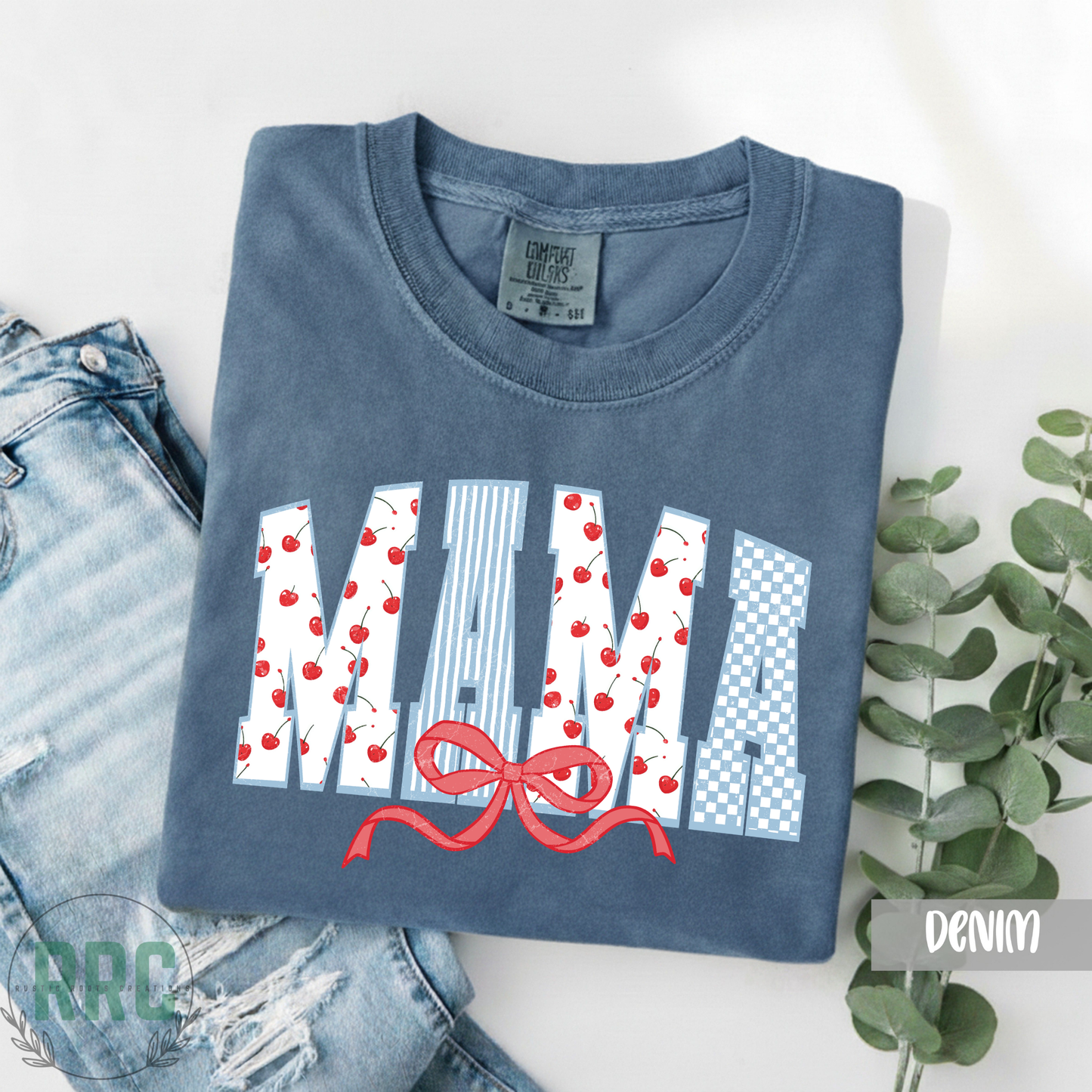 MAMA Cherries Blue Checkered Tee *COMFORT COLORS*