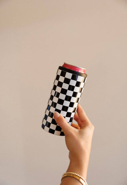Black and White Checkered Slim Can Cooler