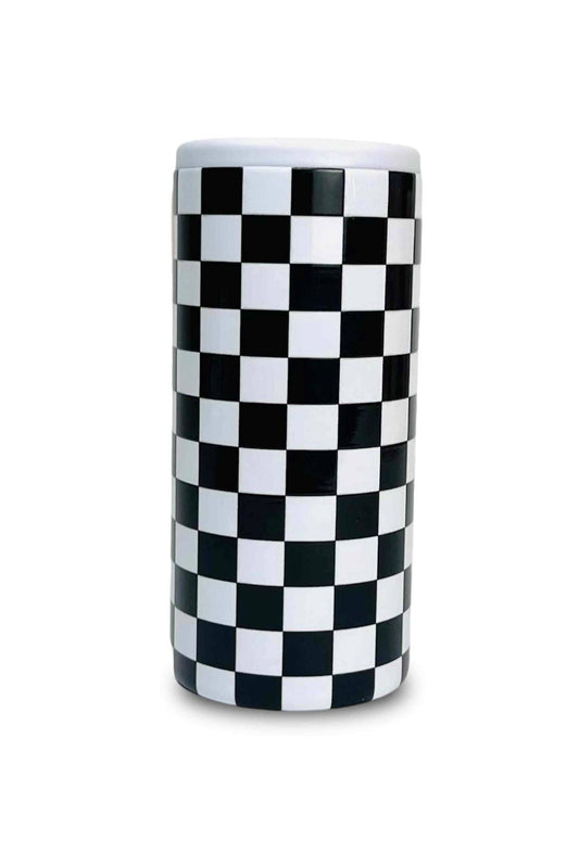 Black and White Checkered Slim Can Cooler